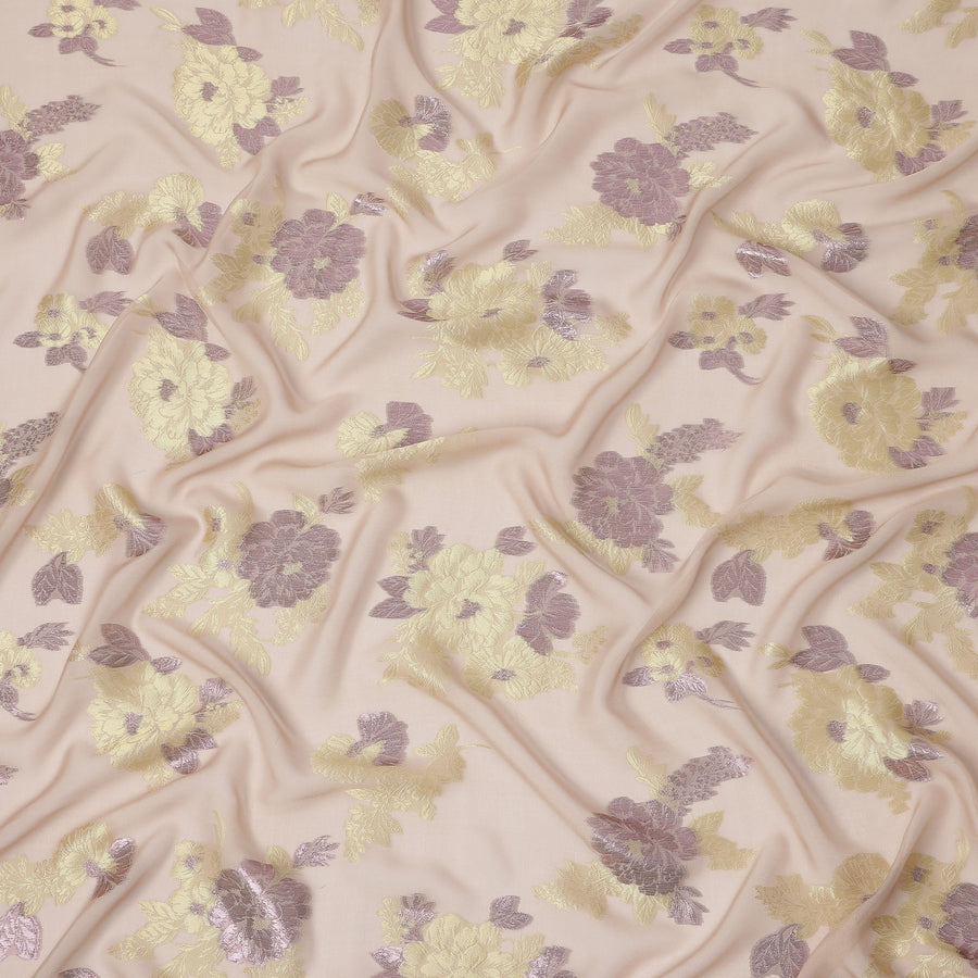Peach Yellow Floral Pure Silk Chiffon Fabric with Metallic Lurex, 110 Cms Width, South Korea-D25256