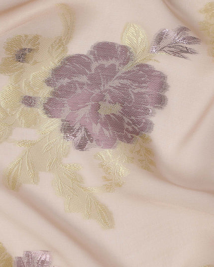 Peach Yellow Floral Pure Silk Chiffon Fabric with Metallic Lurex, 110 Cms Width, South Korea-D25256