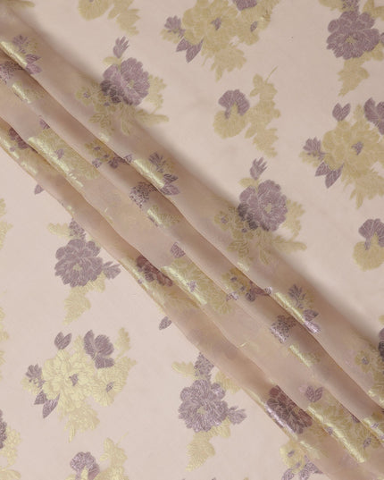 Peach Yellow Floral Pure Silk Chiffon Fabric with Metallic Lurex, 110 Cms Width, South Korea-D25256