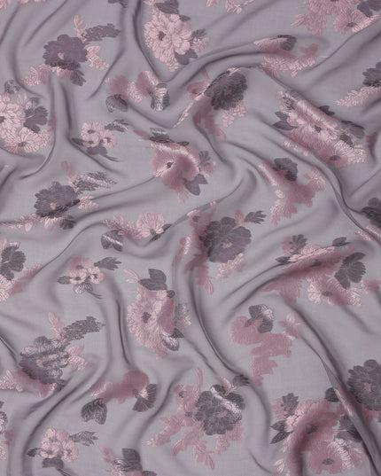 Grey Pink Floral Pure Silk Chiffon Fabric with Metallic Lurex, 110 Cms Width, South Korea-D25252