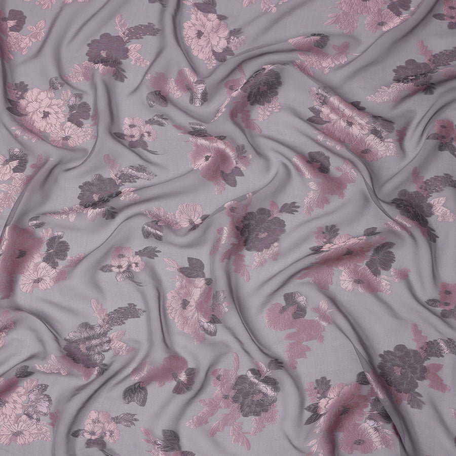 Grey Pink Floral Pure Silk Chiffon Fabric with Metallic Lurex, 110 Cms Width, South Korea-D25252