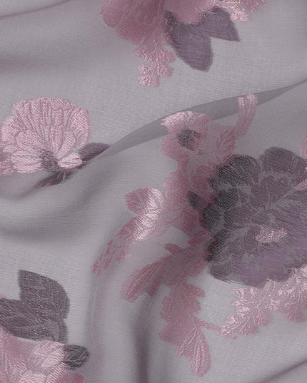 Grey Pink Floral Pure Silk Chiffon Fabric with Metallic Lurex, 110 Cms Width, South Korea-D25252