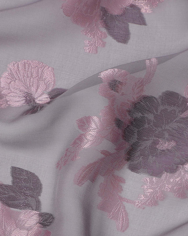 Grey Pink Floral Pure Silk Chiffon Fabric with Metallic Lurex, 110 Cms Width, South Korea-D25252