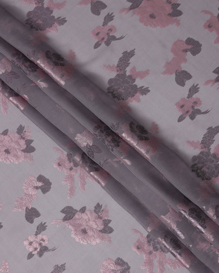 Grey Pink Floral Pure Silk Chiffon Fabric with Metallic Lurex, 110 Cms Width, South Korea-D25252
