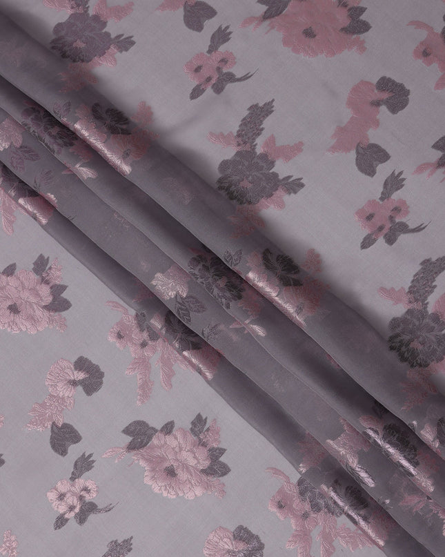 Grey Pink Floral Pure Silk Chiffon Fabric with Metallic Lurex, 110 Cms Width, South Korea-D25252