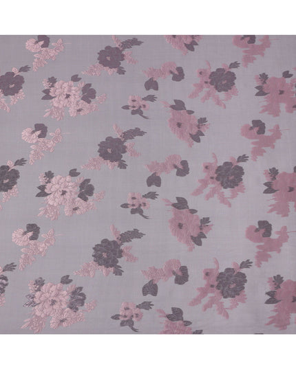 Grey Pink Floral Pure Silk Chiffon Fabric with Metallic Lurex, 110 Cms Width, South Korea-D25252