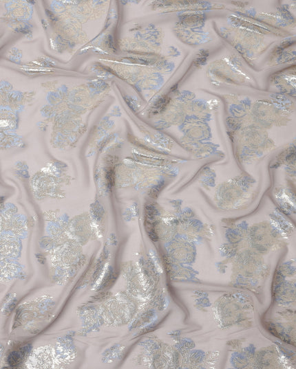 Light Pink Floral Metallic Lurex Pure Silk Chiffon Fabric, 110 Cms Width, South Korea-D25235
