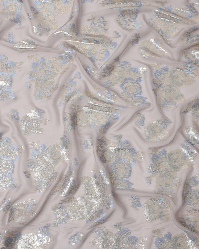 Light Pink Floral Metallic Lurex Pure Silk Chiffon Fabric, 110 Cms Width, South Korea-D25235