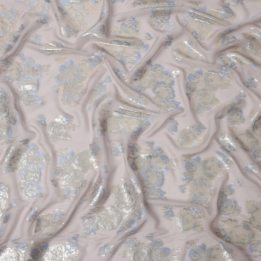 Light Pink Floral Metallic Lurex Pure Silk Chiffon Fabric, 110 Cms Width, South Korea-D25235