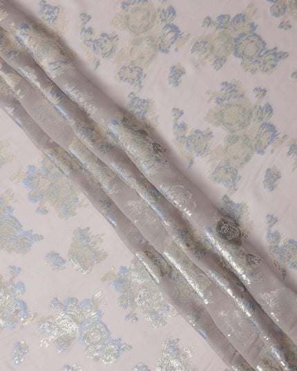Light Pink Floral Metallic Lurex Pure Silk Chiffon Fabric, 110 Cms Width, South Korea-D25235