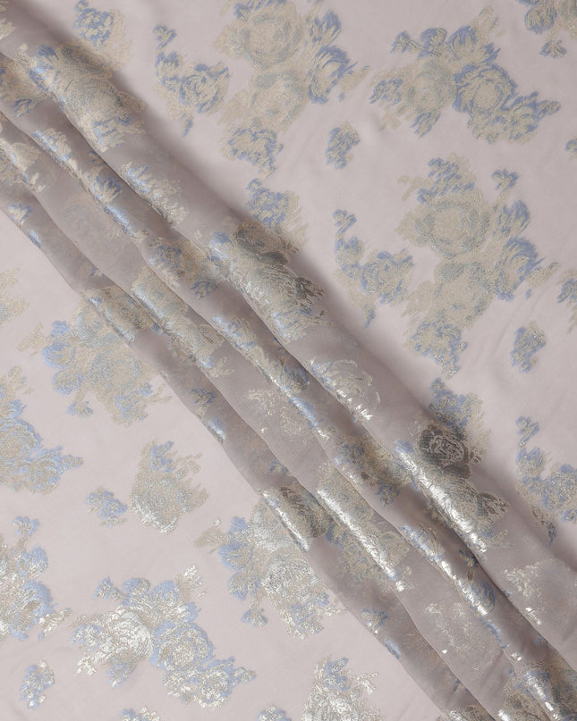 Light Pink Floral Metallic Lurex Pure Silk Chiffon Fabric, 110 Cms Width, South Korea-D25235