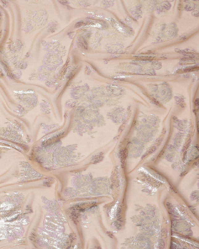 Peach Floral Pure Silk Chiffon Fabric with Metallic Lurex, 110 Cms Width, South Korea-D25242