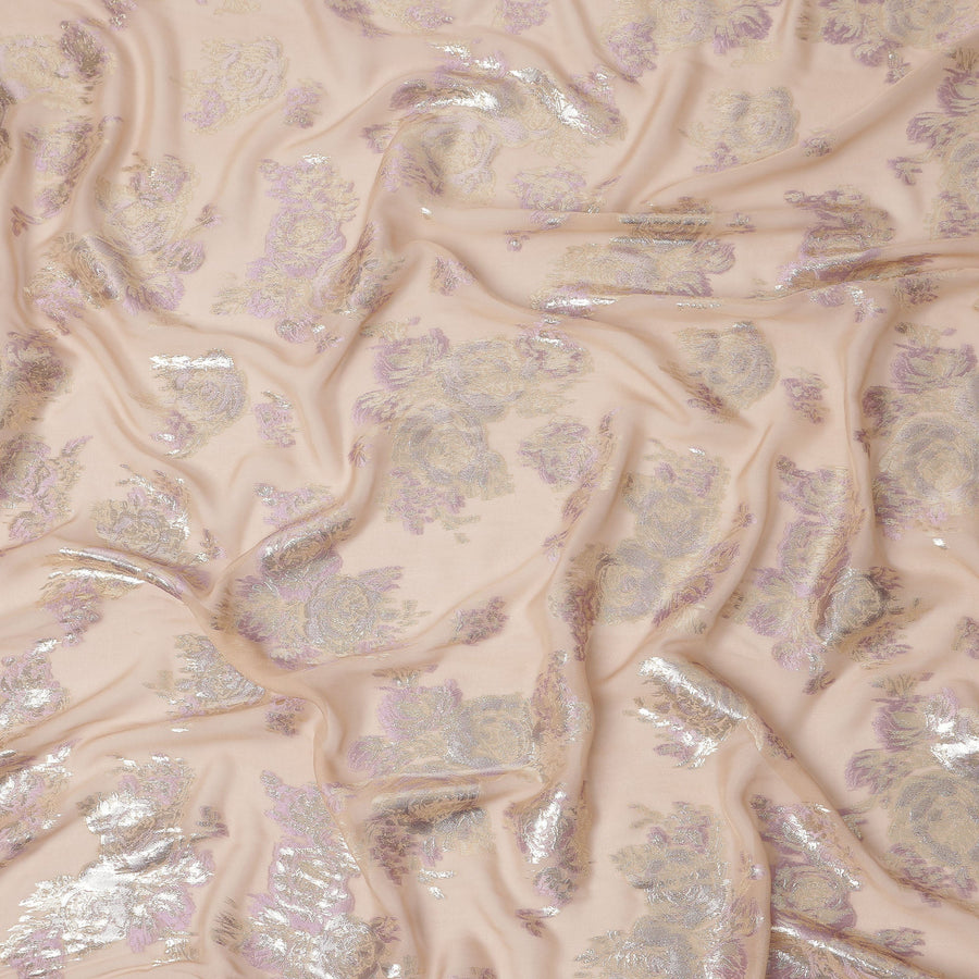 Peach Floral Pure Silk Chiffon Fabric with Metallic Lurex, 110 Cms Width, South Korea-D25242