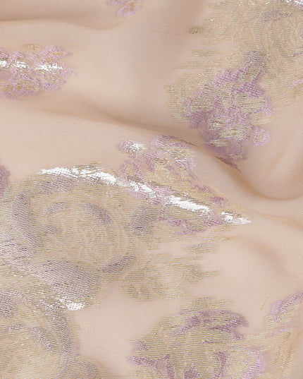 Peach Floral Pure Silk Chiffon Fabric with Metallic Lurex, 110 Cms Width, South Korea-D25242