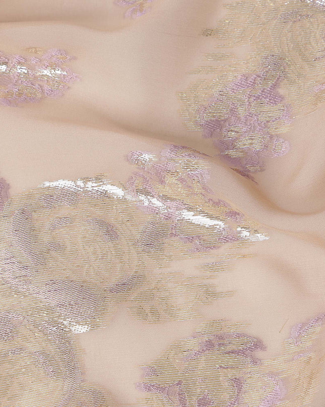 Peach Floral Pure Silk Chiffon Fabric with Metallic Lurex, 110 Cms Width, South Korea-D25242