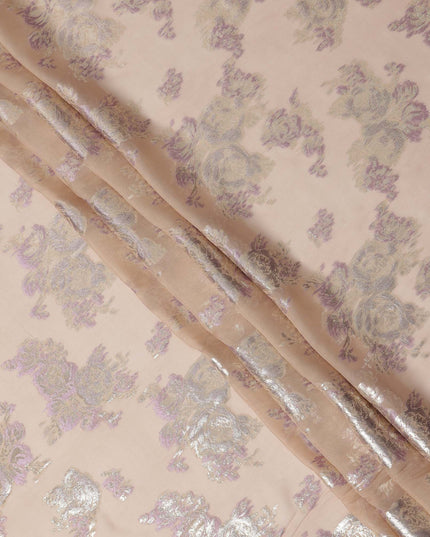 Peach Floral Pure Silk Chiffon Fabric with Metallic Lurex, 110 Cms Width, South Korea-D25242