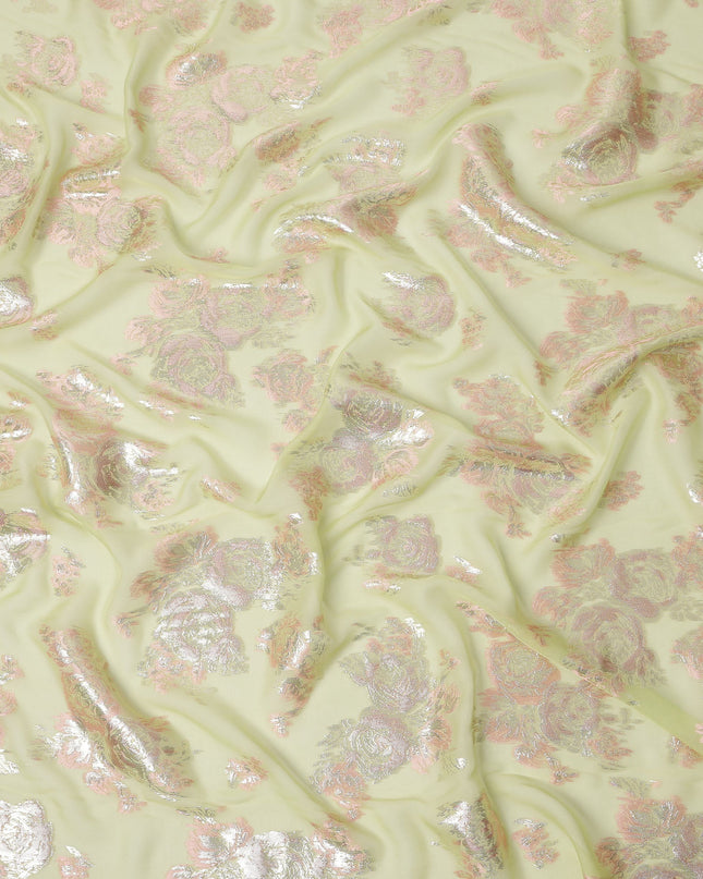 Light Green Floral Pure Silk Chiffon Fabric with Metallic Lurex, 110 Cms Width, South Korea-D25248