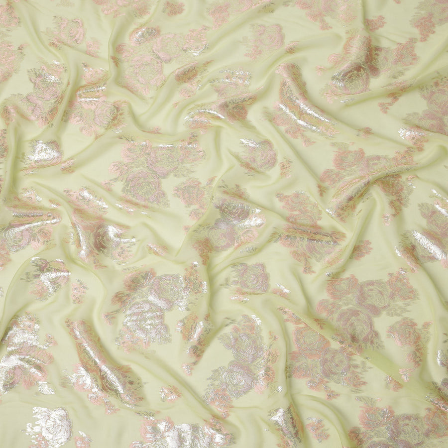 Light Green Floral Pure Silk Chiffon Fabric with Metallic Lurex, 110 Cms Width, South Korea-D25248