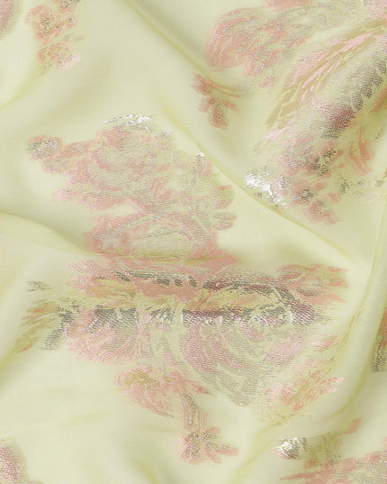 Light Green Floral Pure Silk Chiffon Fabric with Metallic Lurex, 110 Cms Width, South Korea-D25248