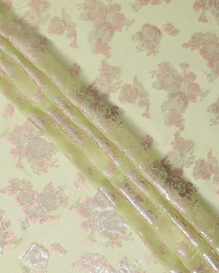 Light Green Floral Pure Silk Chiffon Fabric with Metallic Lurex, 110 Cms Width, South Korea-D25248