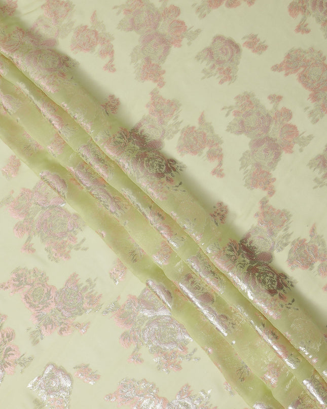 Light Green Floral Pure Silk Chiffon Fabric with Metallic Lurex, 110 Cms Width, South Korea-D25248