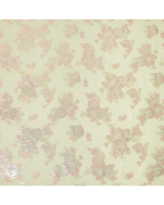 Light Green Floral Pure Silk Chiffon Fabric with Metallic Lurex, 110 Cms Width, South Korea-D25248