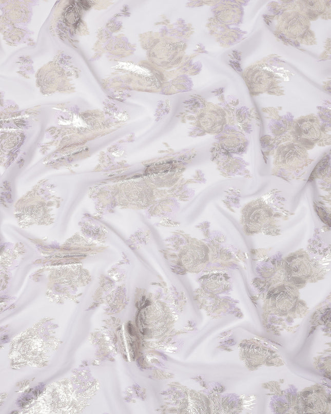 Light Lavender Floral Pure Silk Chiffon Fabric with Metallic Lurex, 110 Cms Width, South Korea-D25250