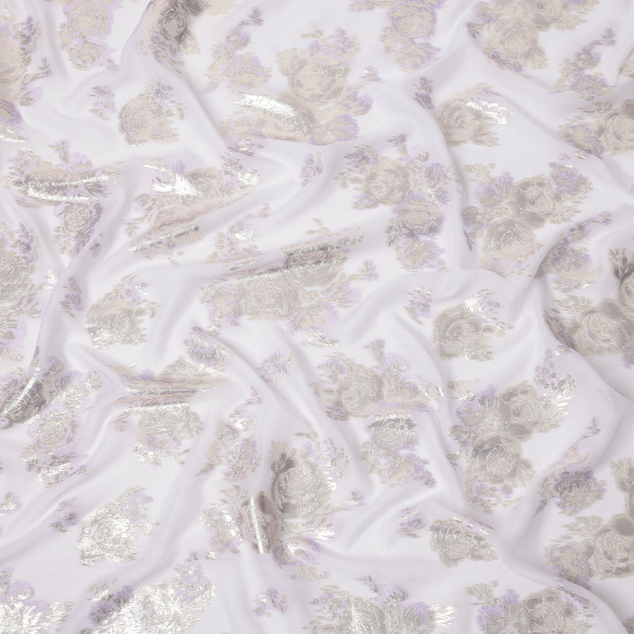 Light Lavender Floral Pure Silk Chiffon Fabric with Metallic Lurex, 110 Cms Width, South Korea-D25250
