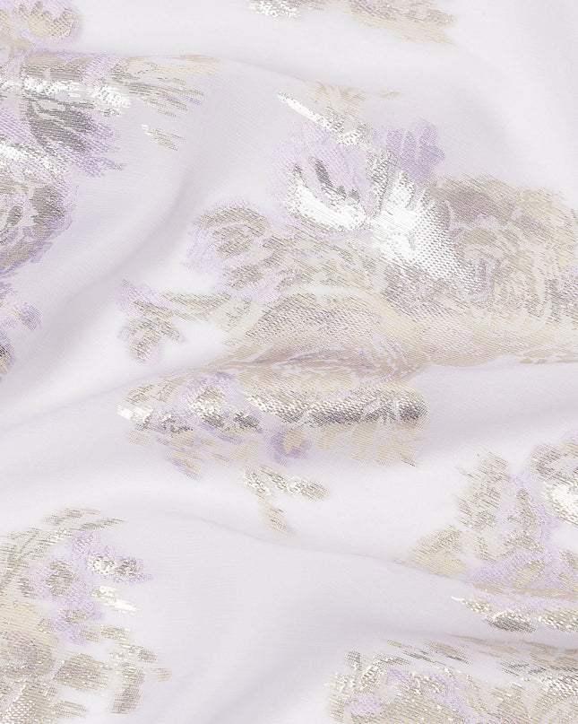Light Lavender Floral Pure Silk Chiffon Fabric with Metallic Lurex, 110 Cms Width, South Korea-D25250