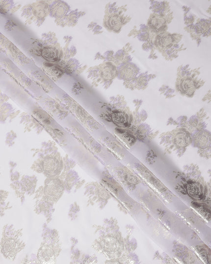 Light Lavender Floral Pure Silk Chiffon Fabric with Metallic Lurex, 110 Cms Width, South Korea-D25250