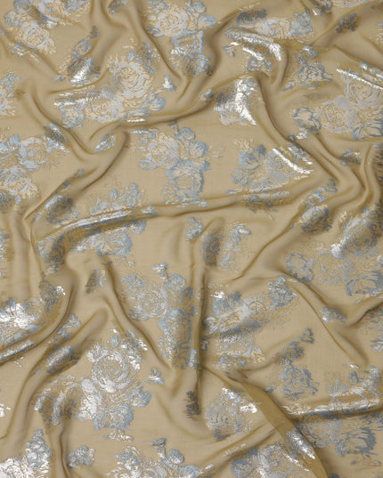 Green Blue Floral Pure Silk Chiffon Fabric with Metallic Lurex, 110 Cms Width, South Korea-D25249