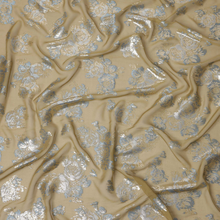 Green Blue Floral Pure Silk Chiffon Fabric with Metallic Lurex, 110 Cms Width, South Korea-D25249