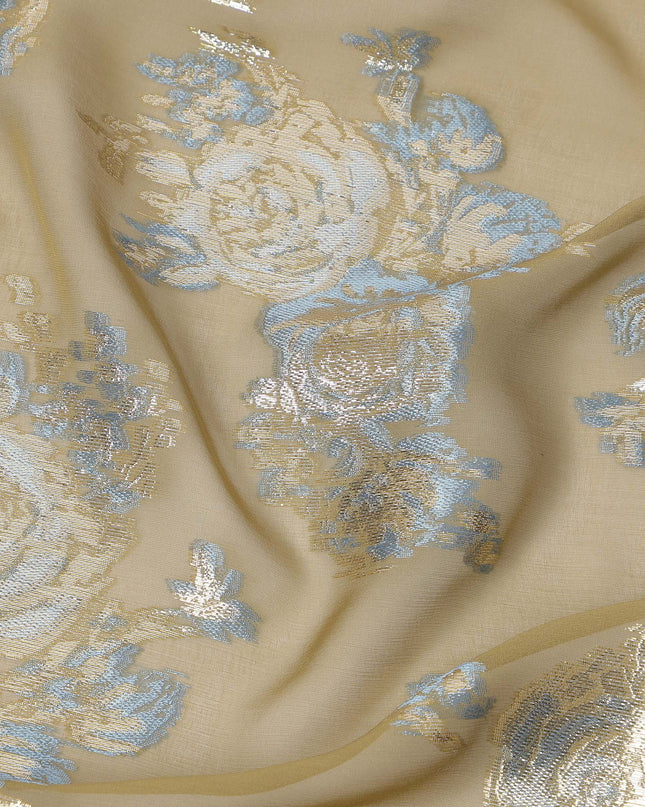 Green Blue Floral Pure Silk Chiffon Fabric with Metallic Lurex, 110 Cms Width, South Korea-D25249