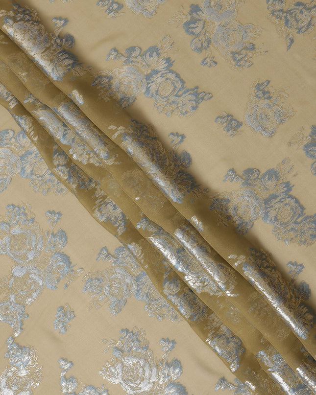 Green Blue Floral Pure Silk Chiffon Fabric with Metallic Lurex, 110 Cms Width, South Korea-D25249