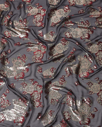 Black Red Floral Pure Silk Chiffon Fabric with Metallic Lurex, 110 Cms Width, South Korea-D25255