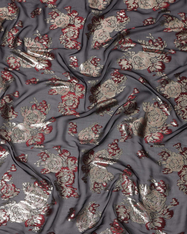 Black Red Floral Pure Silk Chiffon Fabric with Metallic Lurex, 110 Cms Width, South Korea-D25255