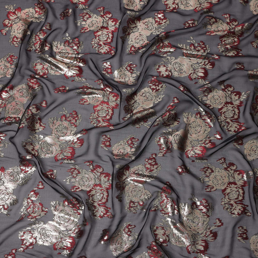 Black Red Floral Pure Silk Chiffon Fabric with Metallic Lurex, 110 Cms Width, South Korea-D25255