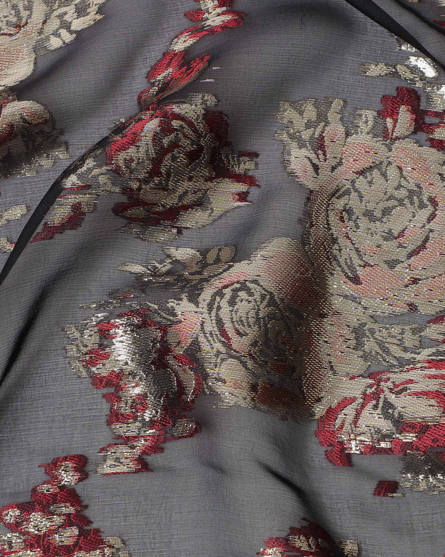 Black Red Floral Pure Silk Chiffon Fabric with Metallic Lurex, 110 Cms Width, South Korea-D25255