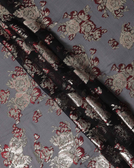Black Red Floral Pure Silk Chiffon Fabric with Metallic Lurex, 110 Cms Width, South Korea-D25255