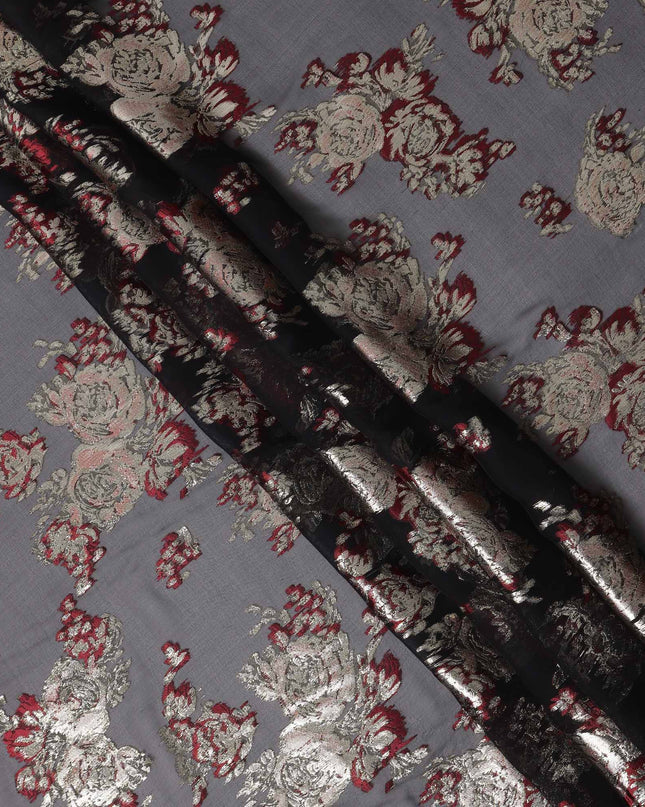 Black Red Floral Pure Silk Chiffon Fabric with Metallic Lurex, 110 Cms Width, South Korea-D25255