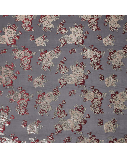 Black Red Floral Pure Silk Chiffon Fabric with Metallic Lurex, 110 Cms Width, South Korea-D25255