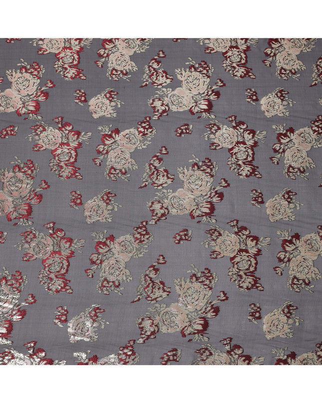 Black Red Floral Pure Silk Chiffon Fabric with Metallic Lurex, 110 Cms Width, South Korea-D25255