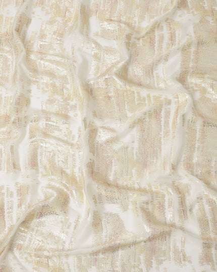 White Gold Abstract Pure Silk Chiffon Fabric with Metallic Lurex, 110 Cms Width, South Korea-D25241