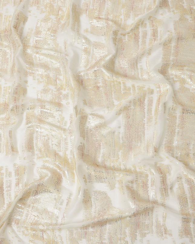 White Gold Abstract Pure Silk Chiffon Fabric with Metallic Lurex, 110 Cms Width, South Korea-D25241