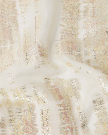 White Gold Abstract Pure Silk Chiffon Fabric with Metallic Lurex, 110 Cms Width, South Korea-D25241