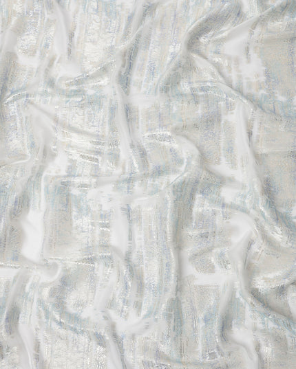 White Silver Abstract Metallic Lurex Pure Silk Chiffon Fabric, 110 Cms Width, South Korea-D25237