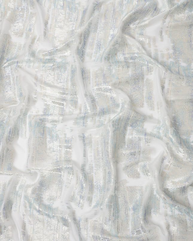 White Silver Abstract Metallic Lurex Pure Silk Chiffon Fabric, 110 Cms Width, South Korea-D25237