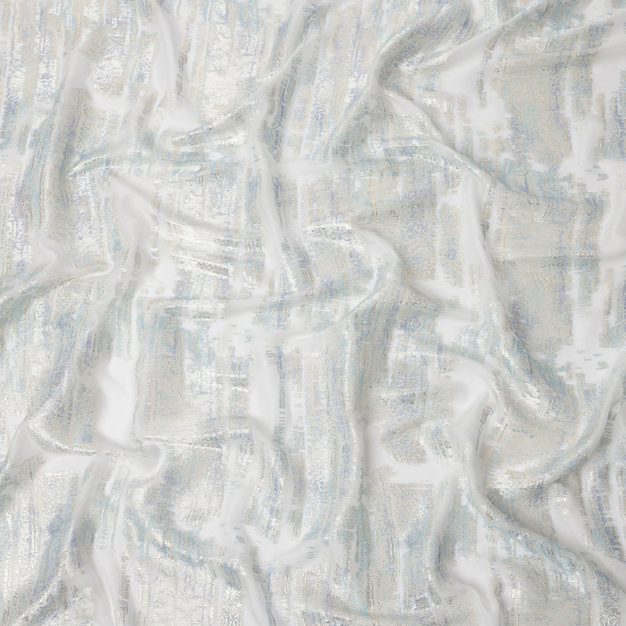 White Silver Abstract Metallic Lurex Pure Silk Chiffon Fabric, 110 Cms Width, South Korea-D25237