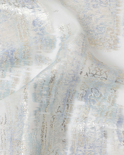 White Silver Abstract Metallic Lurex Pure Silk Chiffon Fabric, 110 Cms Width, South Korea-D25237