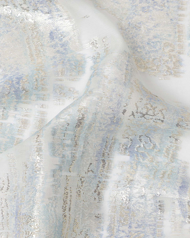White Silver Abstract Metallic Lurex Pure Silk Chiffon Fabric, 110 Cms Width, South Korea-D25237